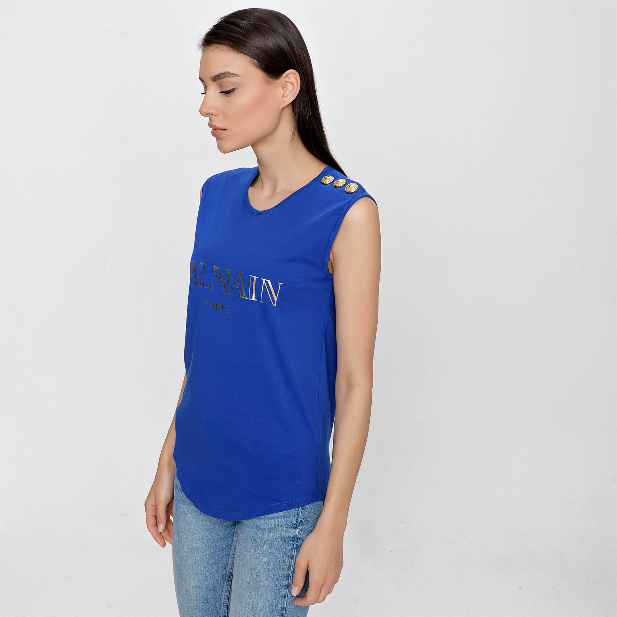 Balmain - Blue Gold Tone Balmain Logo Sleeveless T-shirt